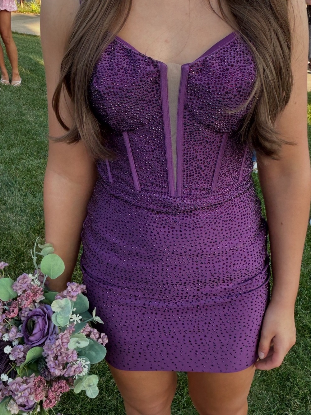 Sherri Hill Purple Beaded Corset Mini Dress